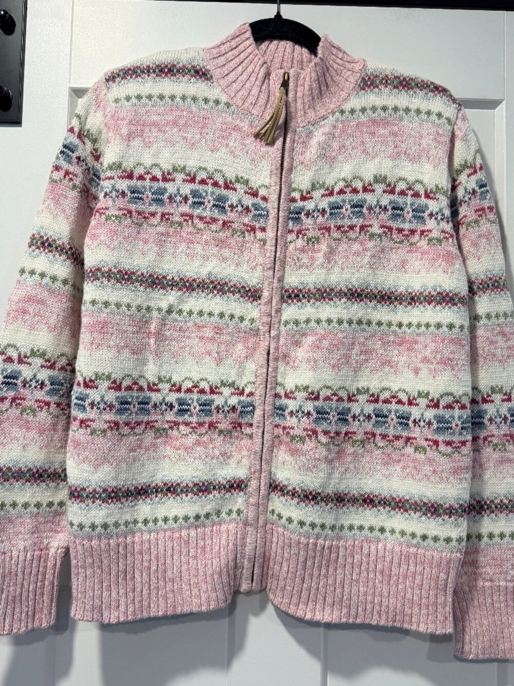 Tiara International Vintage Pink Nordic-Style Zip-Front Patterned Sweater